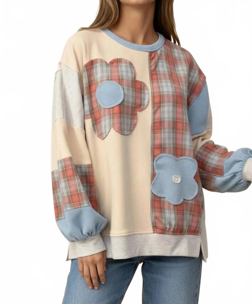 NEW HAPTICS women's bubble sleeve flower patch plaid textured top in oatmeal/lig